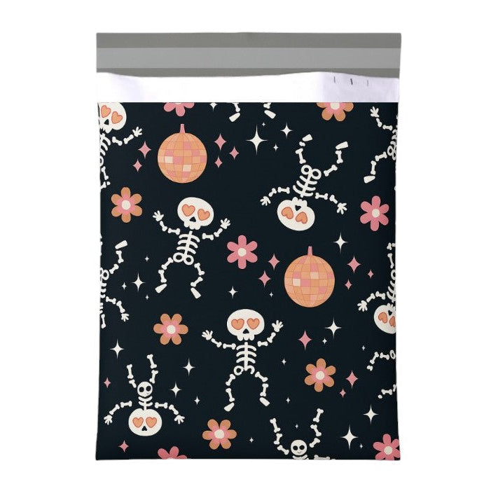 Halloween-themed patterned shipping bags with skeletons, pumpkins, and flowers on a dark background.