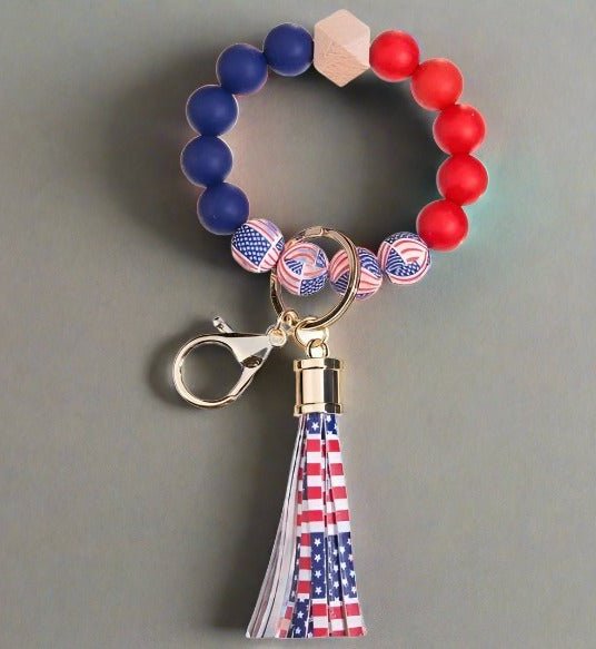 American Flag Wristlet Keychain Bracelet Silicone Beads - Shipping In Style