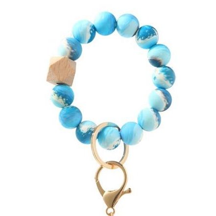 Blue Marble Keychain Bracelet Beaded Wristlet Silicone - Shipping In Style