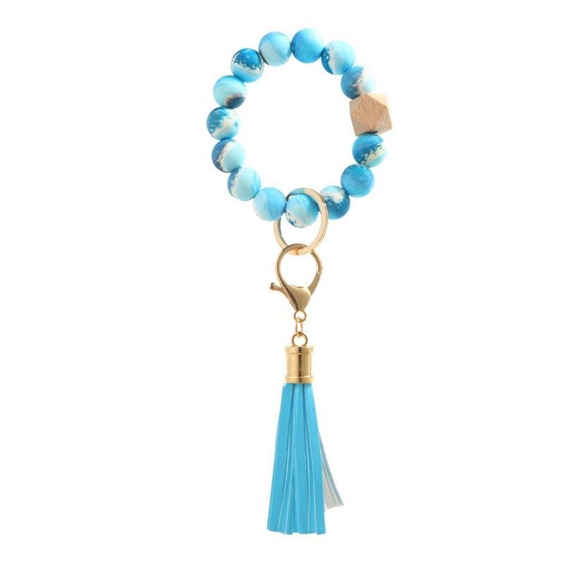 Blue Marble Keychain Bracelet Beaded Wristlet Silicone - Shipping In Style