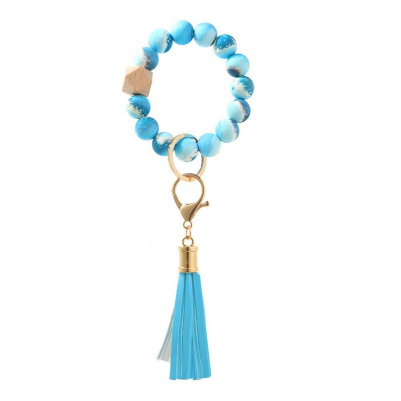 Blue Marble Keychain Bracelet Beaded Wristlet Silicone - Shipping In Style