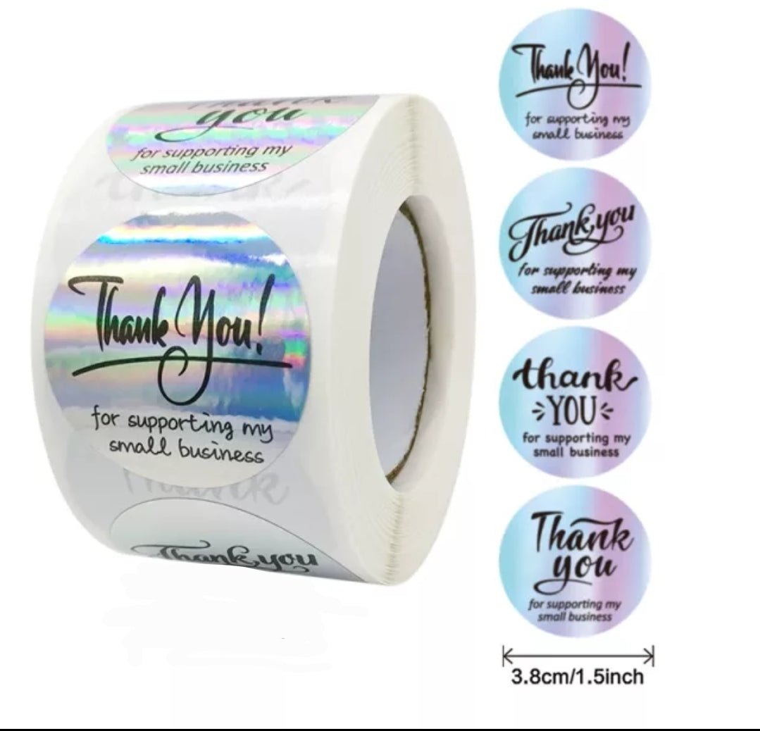 Holographic Stickers Thank You for Supporting My Small Business Silver 1.5 inch 500 Stickers Per Roll - Shipping In Style