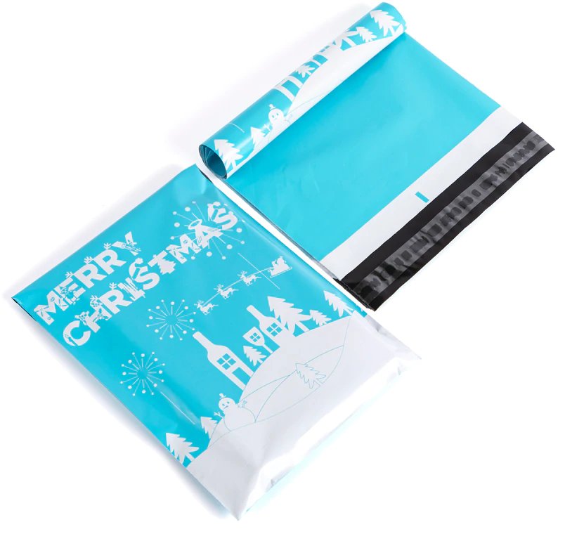 Merry Christmas Snow Blue Poly Mailers Size 10x13 Shipping Bags - Shipping In Style