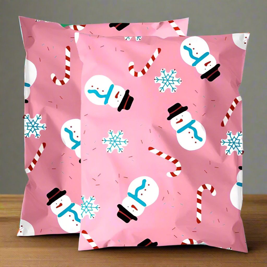 Pink Snowman Christmas Poly Mailers Size 10x13 Shipping Bags - Shipping In Style