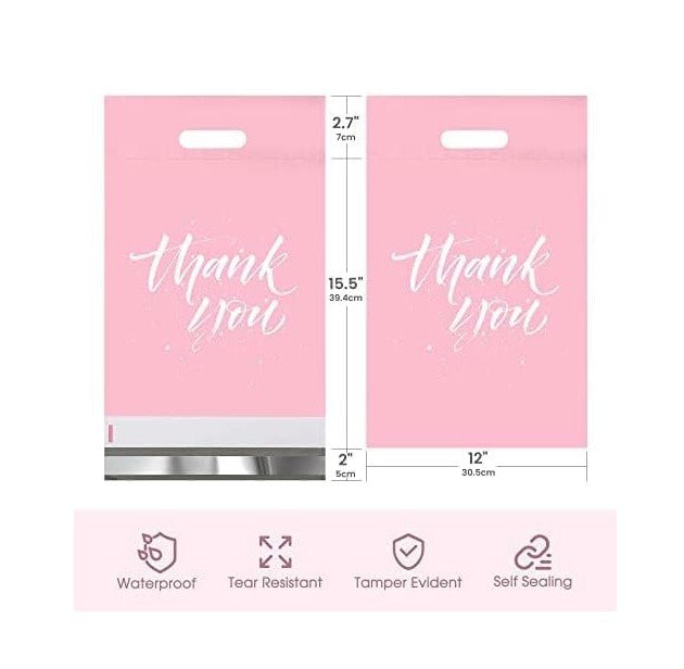 Pink Thank You Poly Mailers with Handle Size 12x15.5 Pack of 100 pieces - Shipping In Style