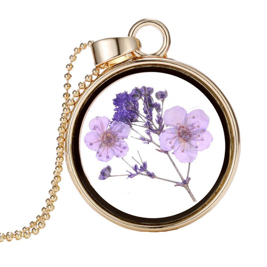 Real Dried Purple Flowers Necklace in Gold Glass Pendant - Shipping In Style