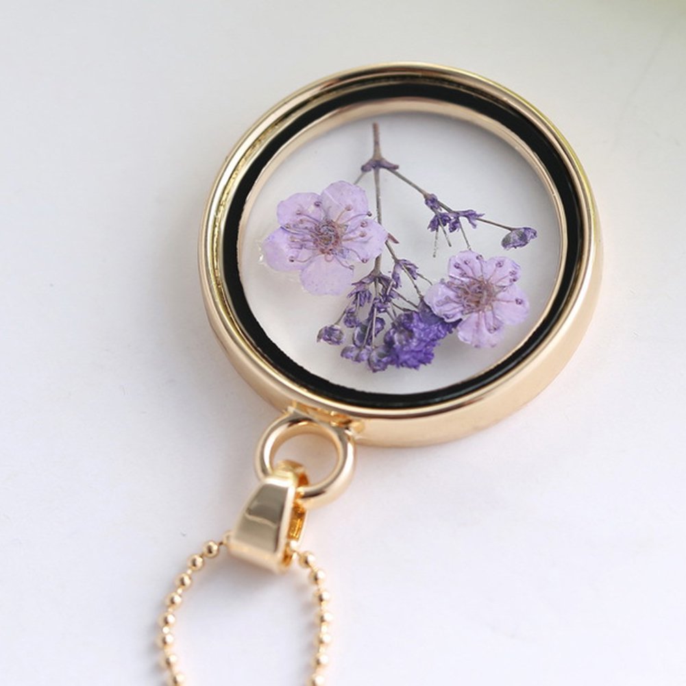 Real Dried Purple Flowers Necklace in Gold Glass Pendant - Shipping In Style