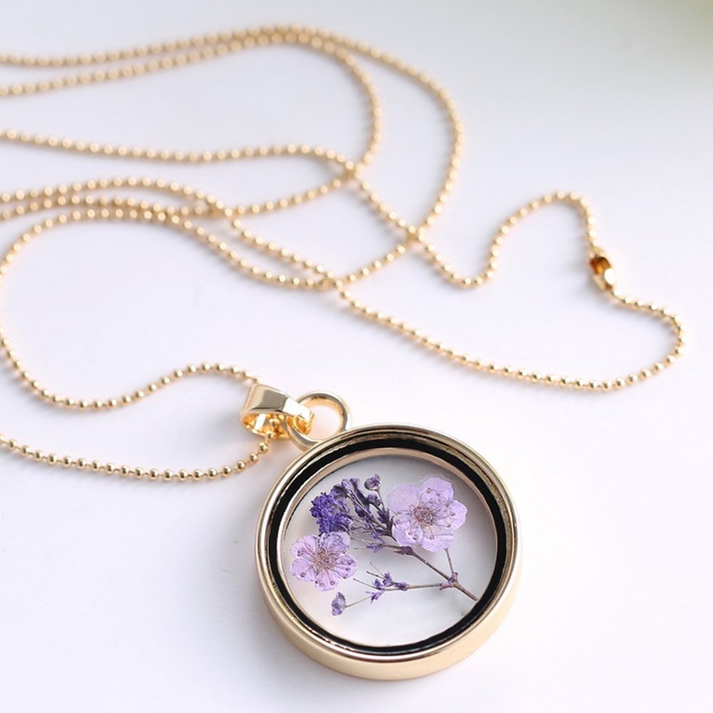 Real Dried Purple Flowers Necklace in Gold Glass Pendant - Shipping In Style