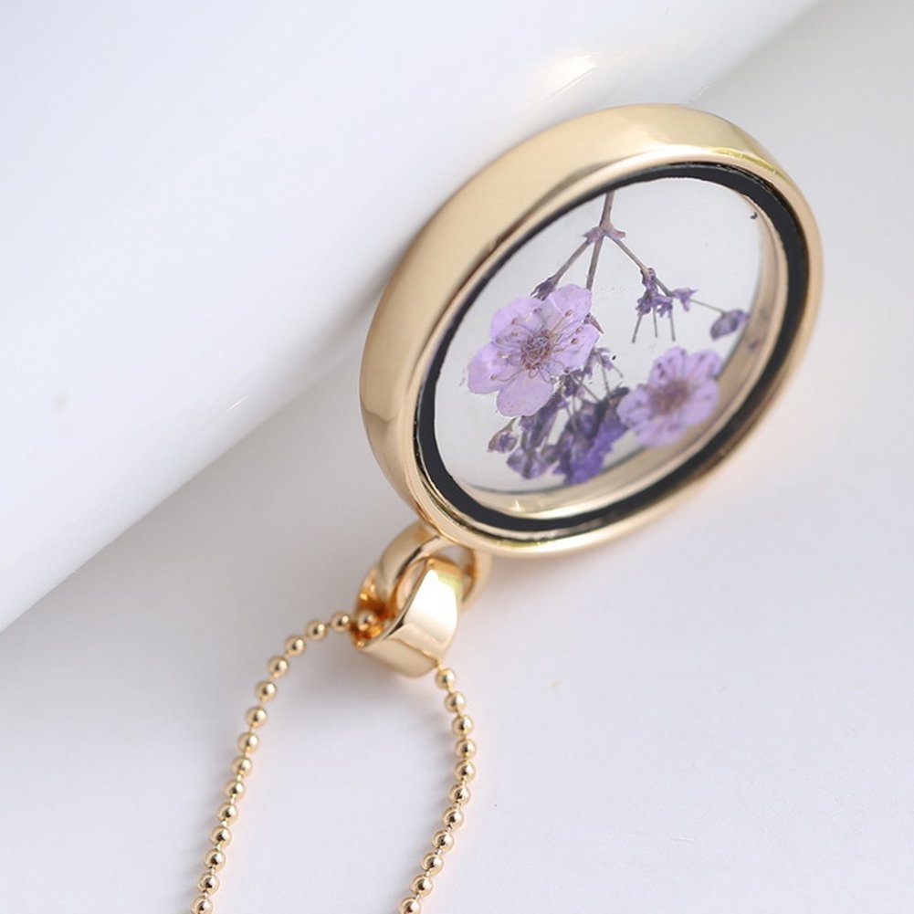 Real Dried Purple Flowers Necklace in Gold Glass Pendant - Shipping In Style