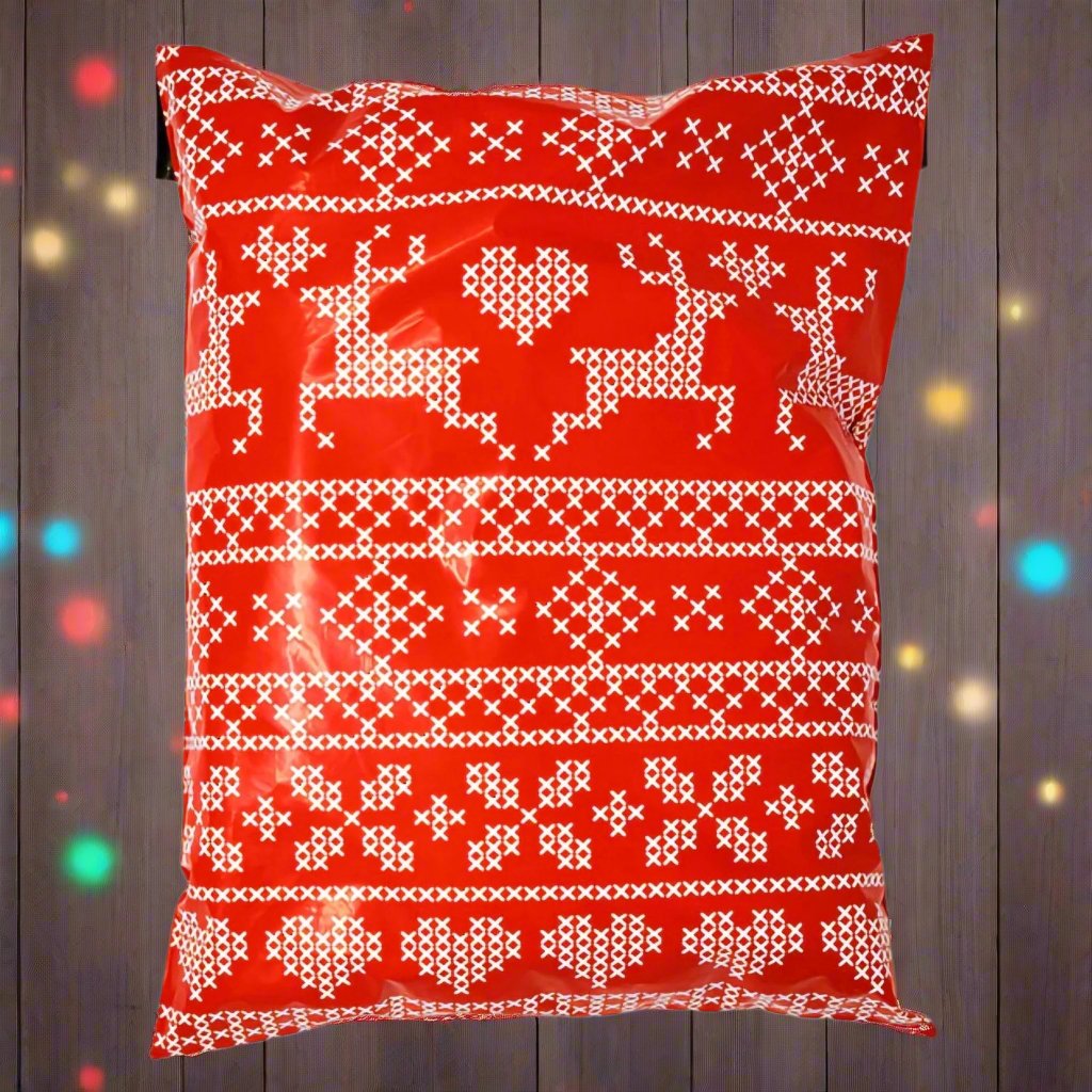 Red Reindeer Poly Mailers Size 10x13 Christmas Sweater Design Shipping Bags - Shipping In Style