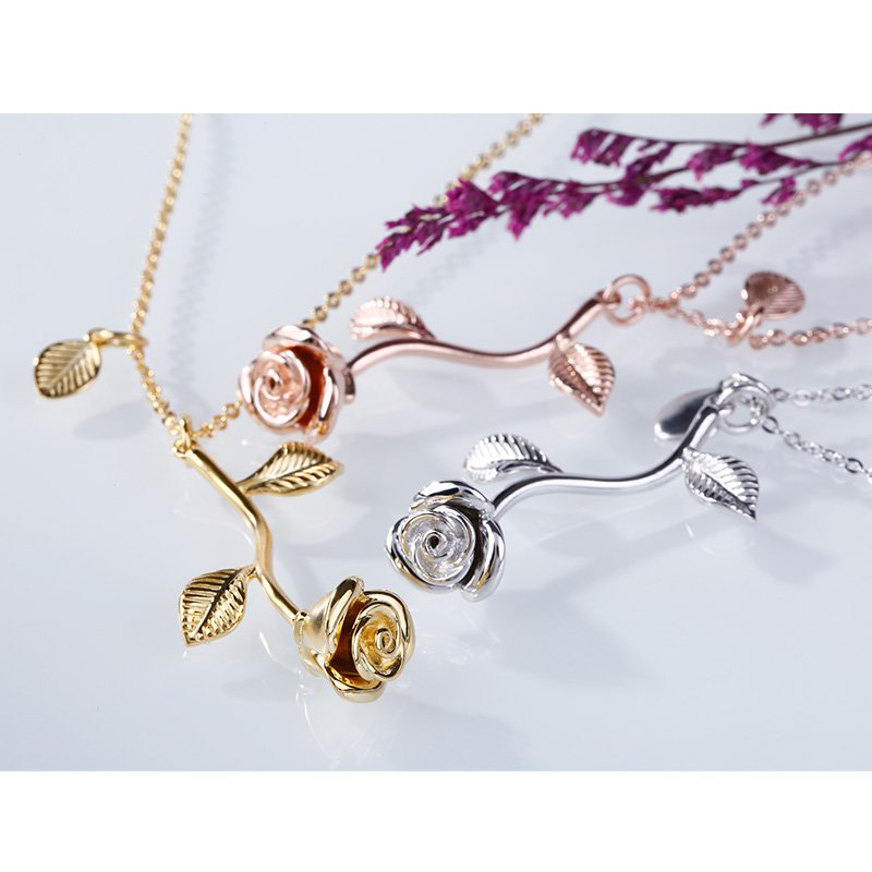 Rose Necklace Gifts For Her Silver or Rose Gold 16k Plated For Mom Flower Jewelry - Shipping In Style
