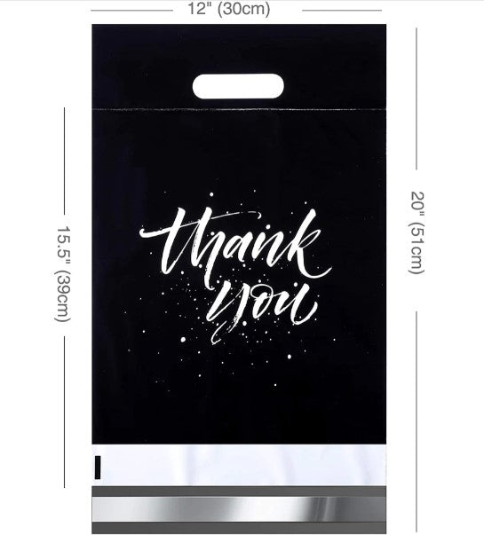 Thank You Poly Mailers with Handle Size 12x15.5 Pack of 100 Black Self Seal Bags - Shipping In Style