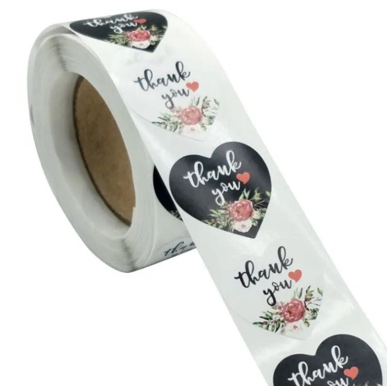 Thank You Stickers 1.5 inch 500 Count Per Roll Black Rose Flowers Heart Shaped Shipping Supplies - Shipping In Style