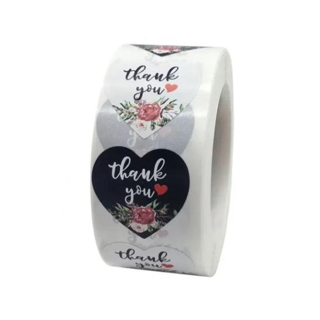 Thank You Stickers 1.5 inch 500 Count Per Roll Black Rose Flowers Heart Shaped Shipping Supplies - Shipping In Style