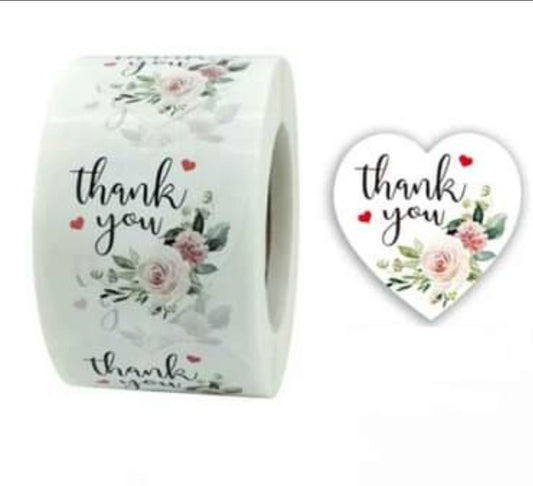 Thank You Stickers 1.5 inch 500 Count Per Roll White Rose Flowers Heart Shaped Shipping Supplies - Shipping In Style