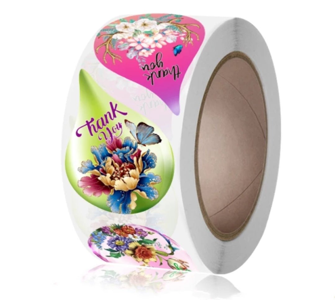 Water Drop Floral Thank You Stickers 2.15 inch x 1.5 inch 500 Count Per Roll Pink Green Shipping Supplies - Shipping In Style