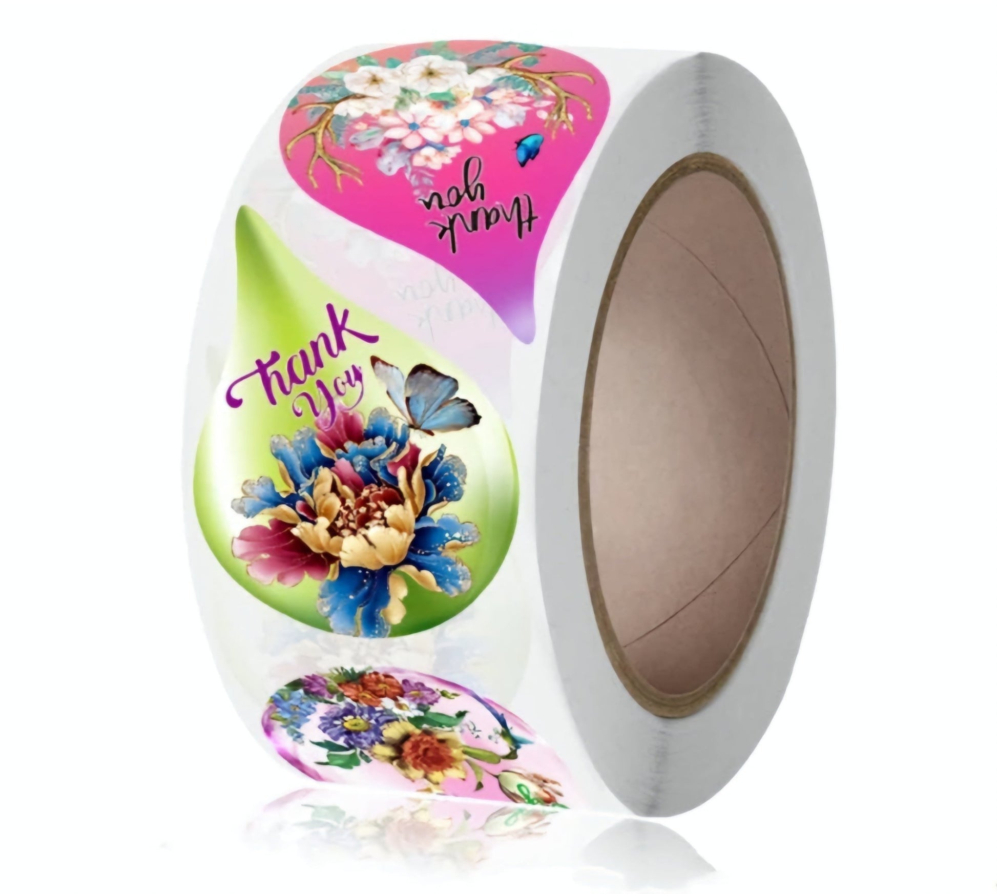 Water Drop Floral Thank You Stickers 2.15 inch x 1.5 inch 500 Count Per Roll Pink Green Shipping Supplies - Shipping In Style