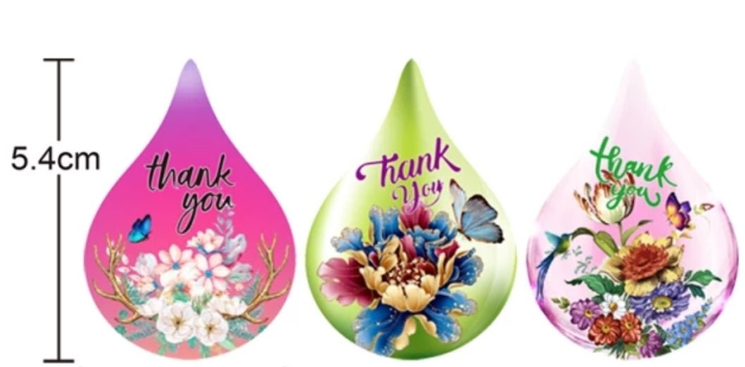 Water Drop Floral Thank You Stickers 2.15 inch x 1.5 inch 500 Count Per Roll Pink Green Shipping Supplies - Shipping In Style