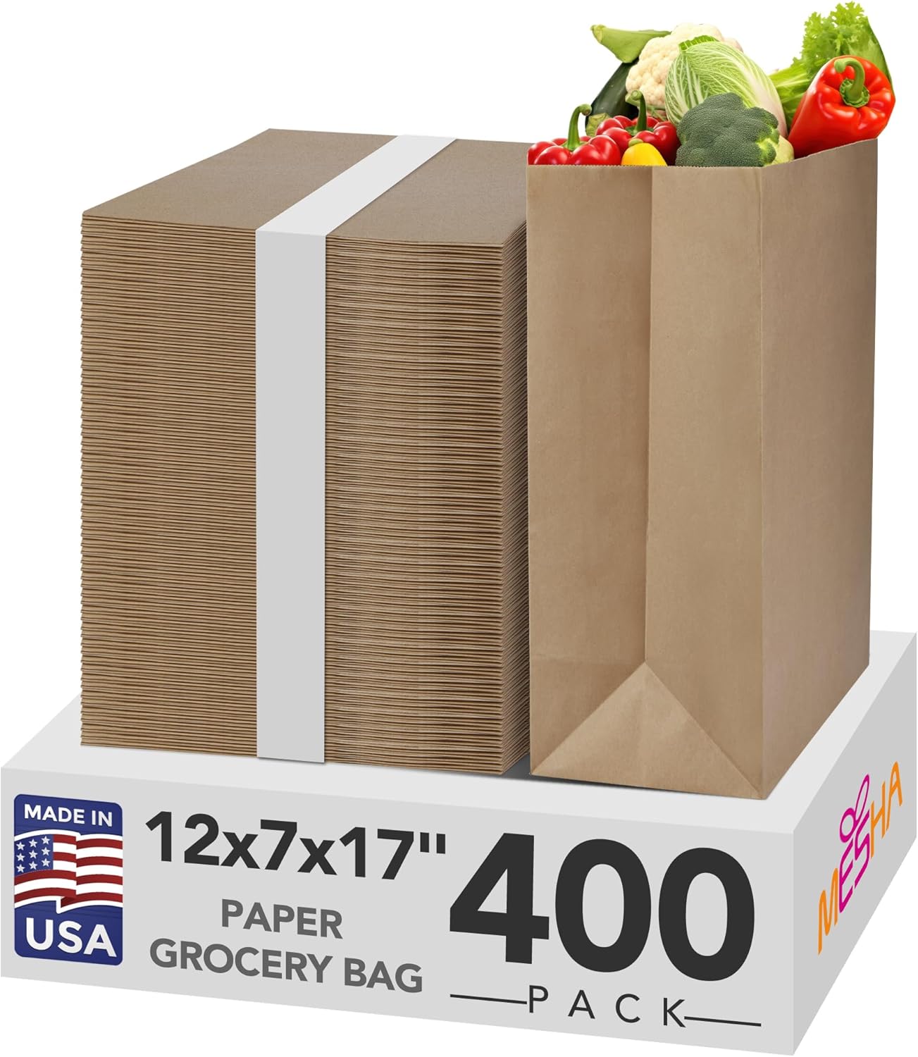 12x 7x17 Inch Kraft Paper Gift Bags  Fold Top | 400 Pack Wholesale