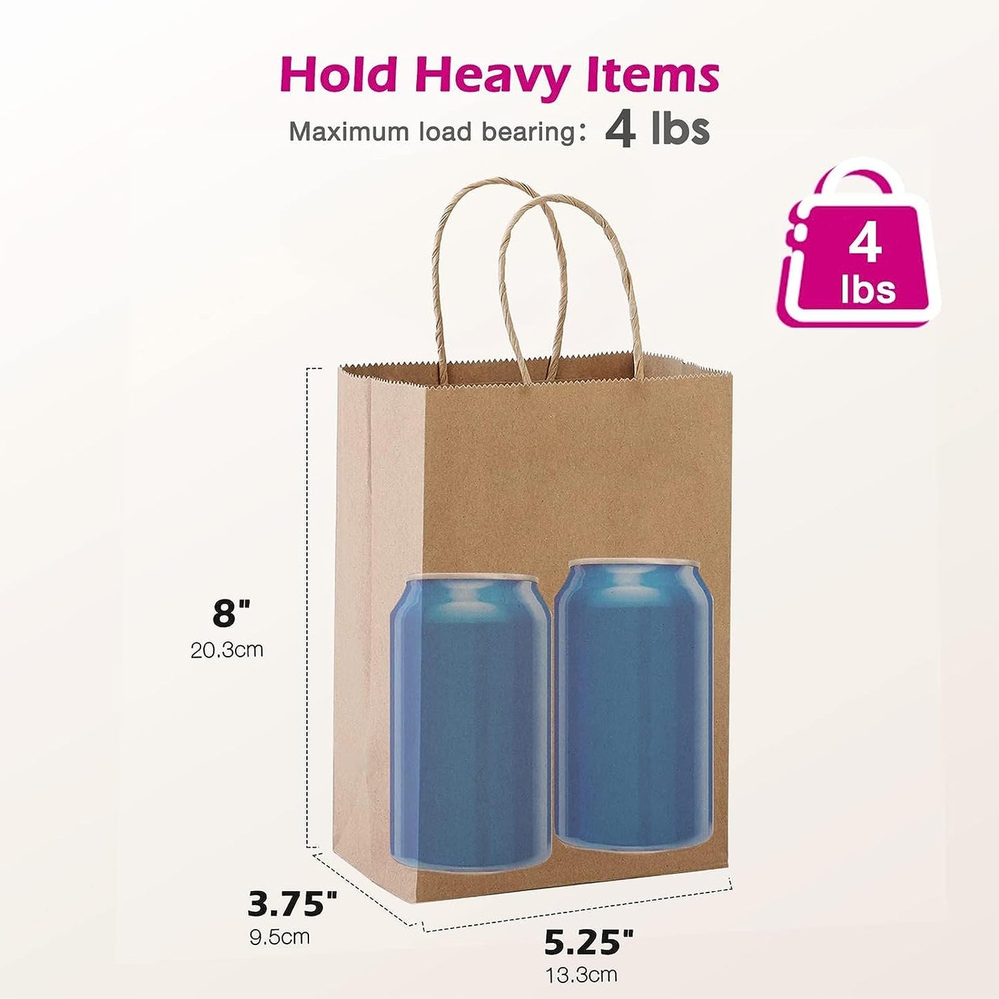 5.25x3.75x8 Inch Kraft Paper Gift Bags | 200 Pack Wholesale