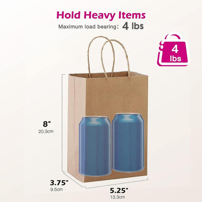 5.25x3.75x8 Inch Kraft Paper Gift Bags | 200 Pack Wholesale