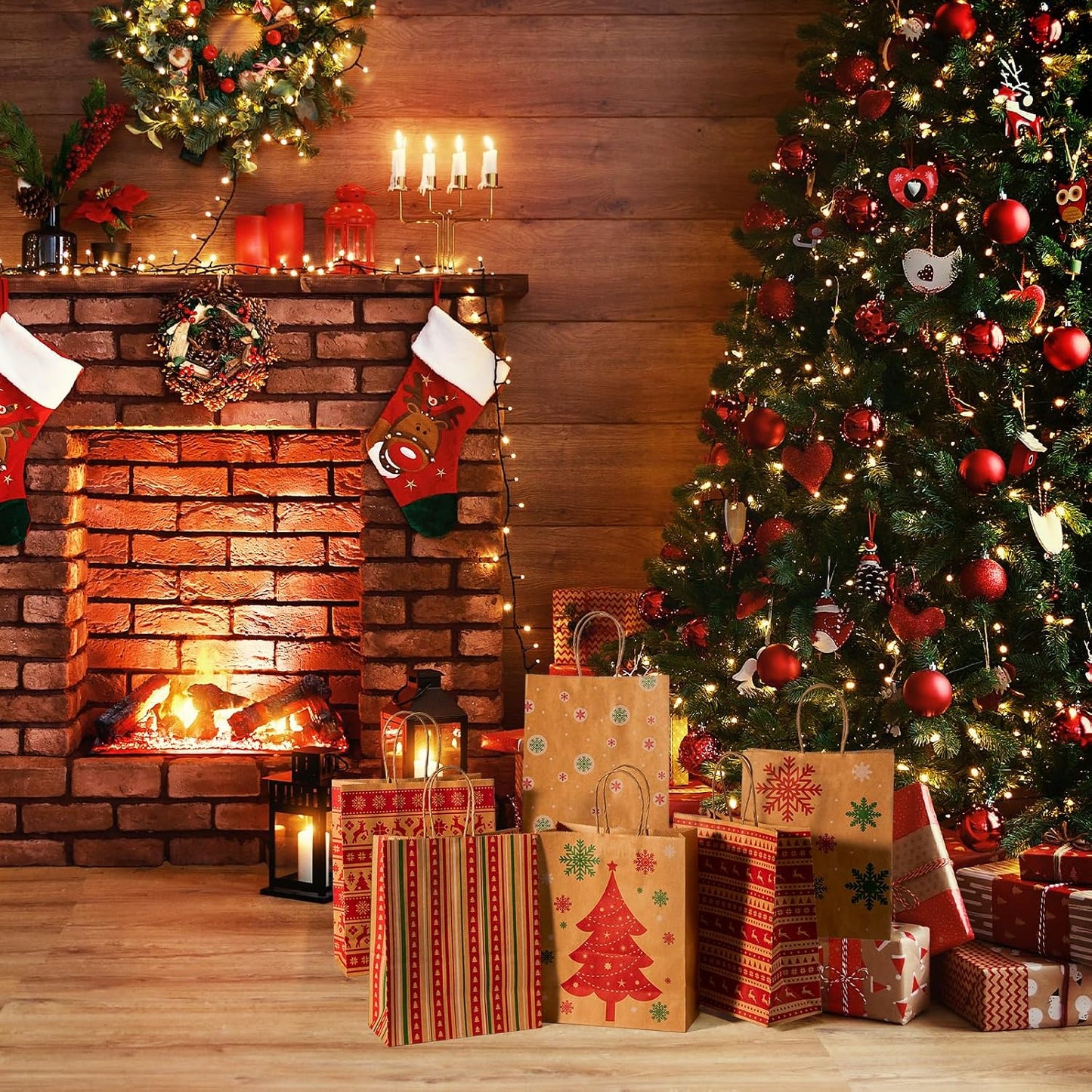 8.6x7x3.3 Inch Kraft Paper Christmas Gift Bags | 384 Pack Wholesale