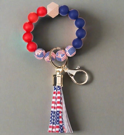 American Flag Wristlet Keychain Bracelet Silicone Beads - Shipping In Style