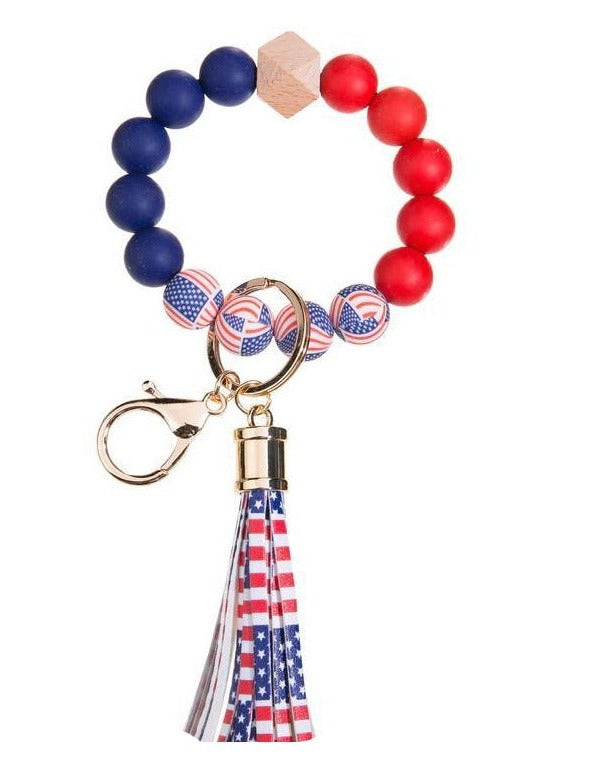 American Flag Wristlet Keychain Bracelet Silicone Beads - Shipping In Style