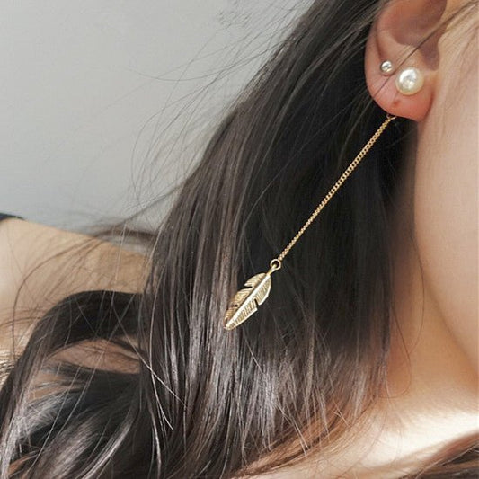 Gold Feather Drop Pearl Earrings - Shipping In Style