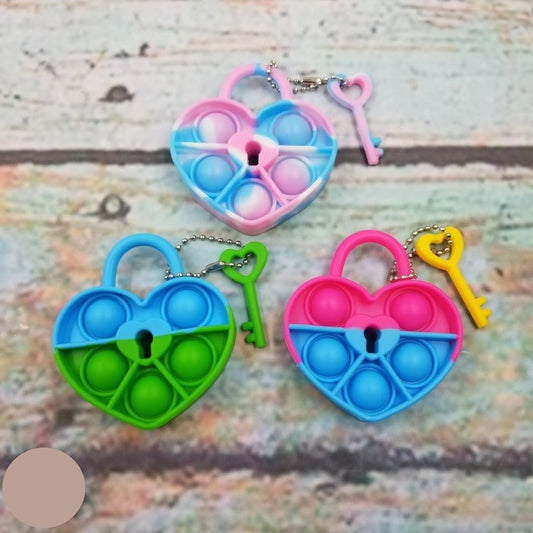 Heart Lock & Key Bubble Pop Fidget Toy — 3 Inch Silicone Popper Keychain, Random Color