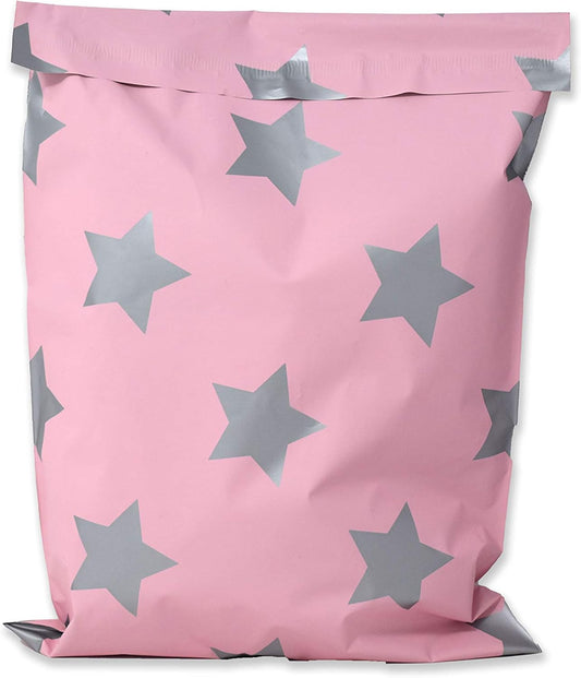 Pink Silver Stars Poly Mailers Size 10x13 Colorful Shipping Bags - Shipping In Style