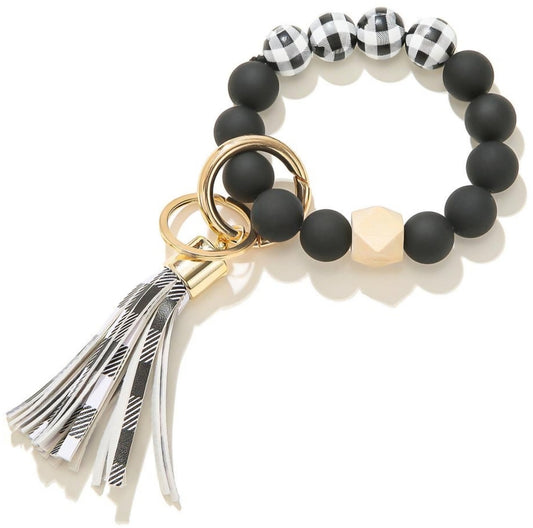 Plaid Black White Wristlet Keychain Bracelet - Shipping In Style