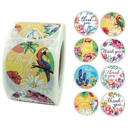 Thank You Stickers 1.5 inch 500 Count Per Roll Cactus Parrot Jungle Shipping Supplies Animal Theme
