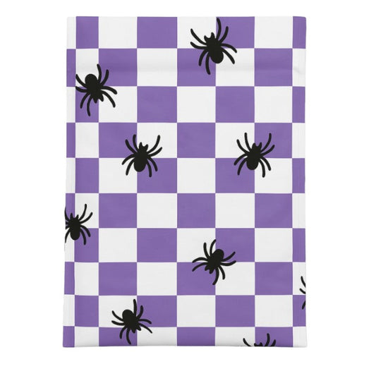 Checkered shipping bags with purple and white squares and black spiders on a white background
