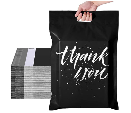 Thank You Poly Mailers with Handle Size 10x13 Pack of 100 Black Self Seal Bags - Shipping In Style