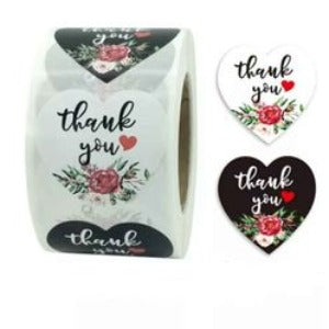 Thank You Stickers 1.5 inch 500 Count Per Roll Black Rose Flowers Heart Shaped Shipping Supplies - Shipping In Style