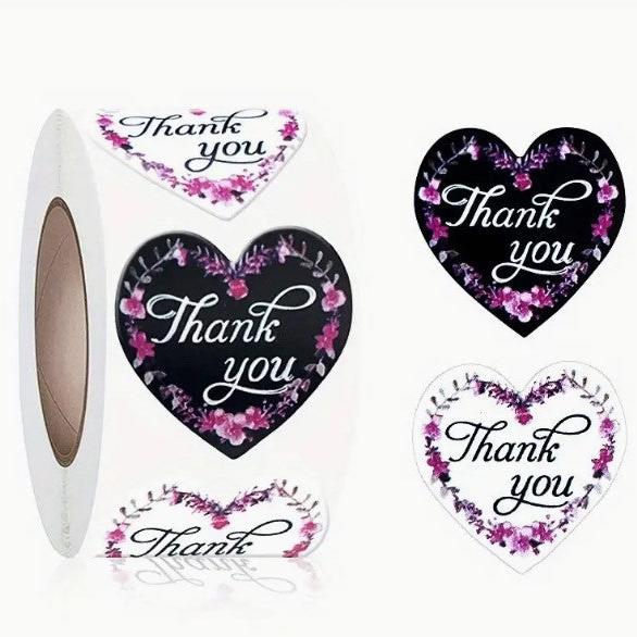 Thank You Stickers 1.5 inch 500 Count Per Roll Pink Flowers Heart Shaped Shipping Supplies - Shipping In Style