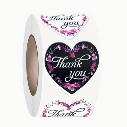 Thank You Stickers 1.5 inch 500 Count Per Roll Pink Flowers Heart Shaped Shipping Supplies - Shipping In Style