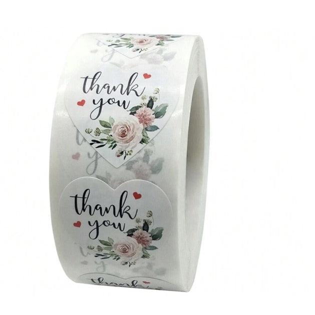 Thank You Stickers 1.5 inch 500 Count Per Roll White Rose Flowers Heart Shaped Shipping Supplies - Shipping In Style