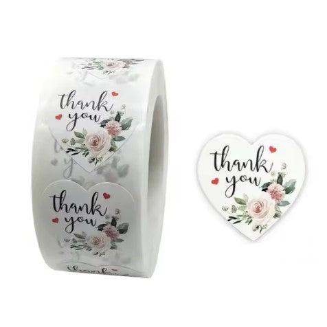 Thank You Stickers 1.5 inch 500 Count Per Roll White Rose Flowers Heart Shaped Shipping Supplies - Shipping In Style