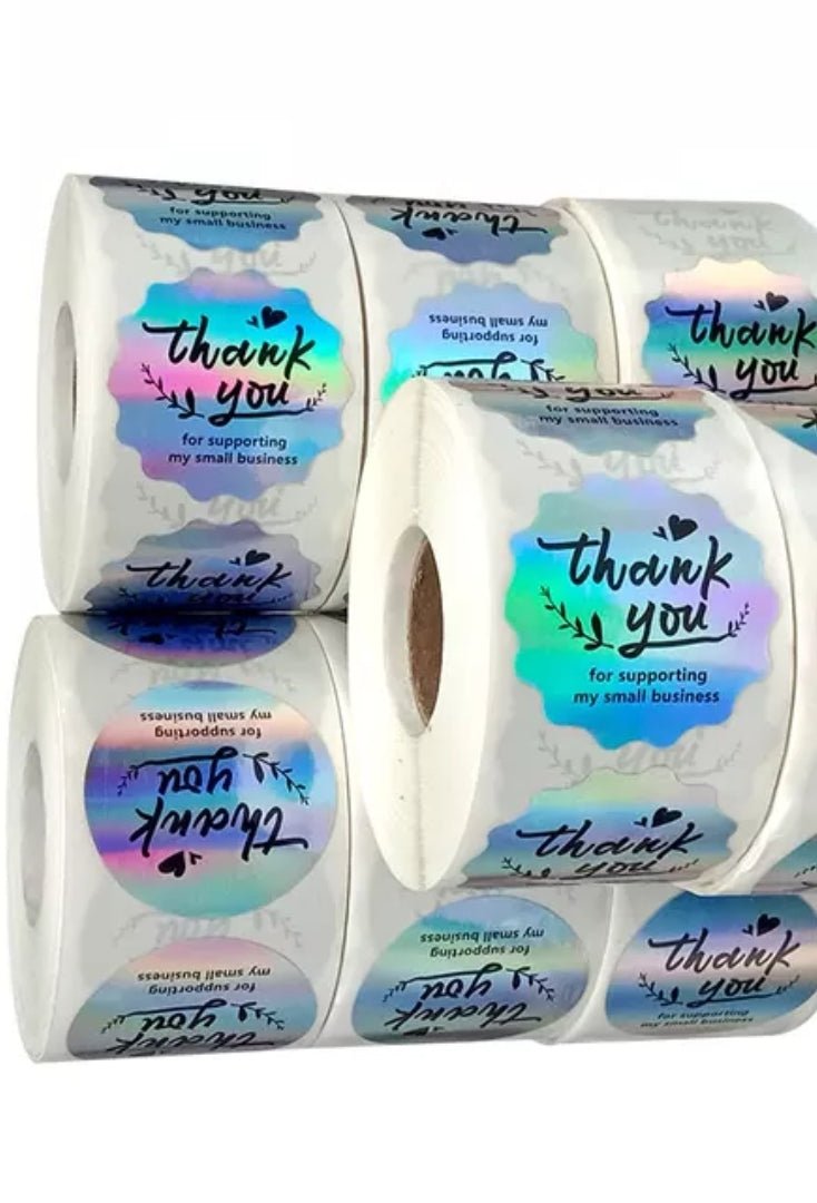 Thank You Stickers Holographic Silver 1.5 inch 500 Stickers Per Roll Wavy Shaped Shipping Supplies - Shipping In Style