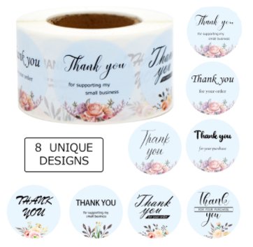 Thank You Stickers Light Blue Floral Round Flowers 1.5 inch 500 Count Per Roll Shipping Supplies - Shipping In Style