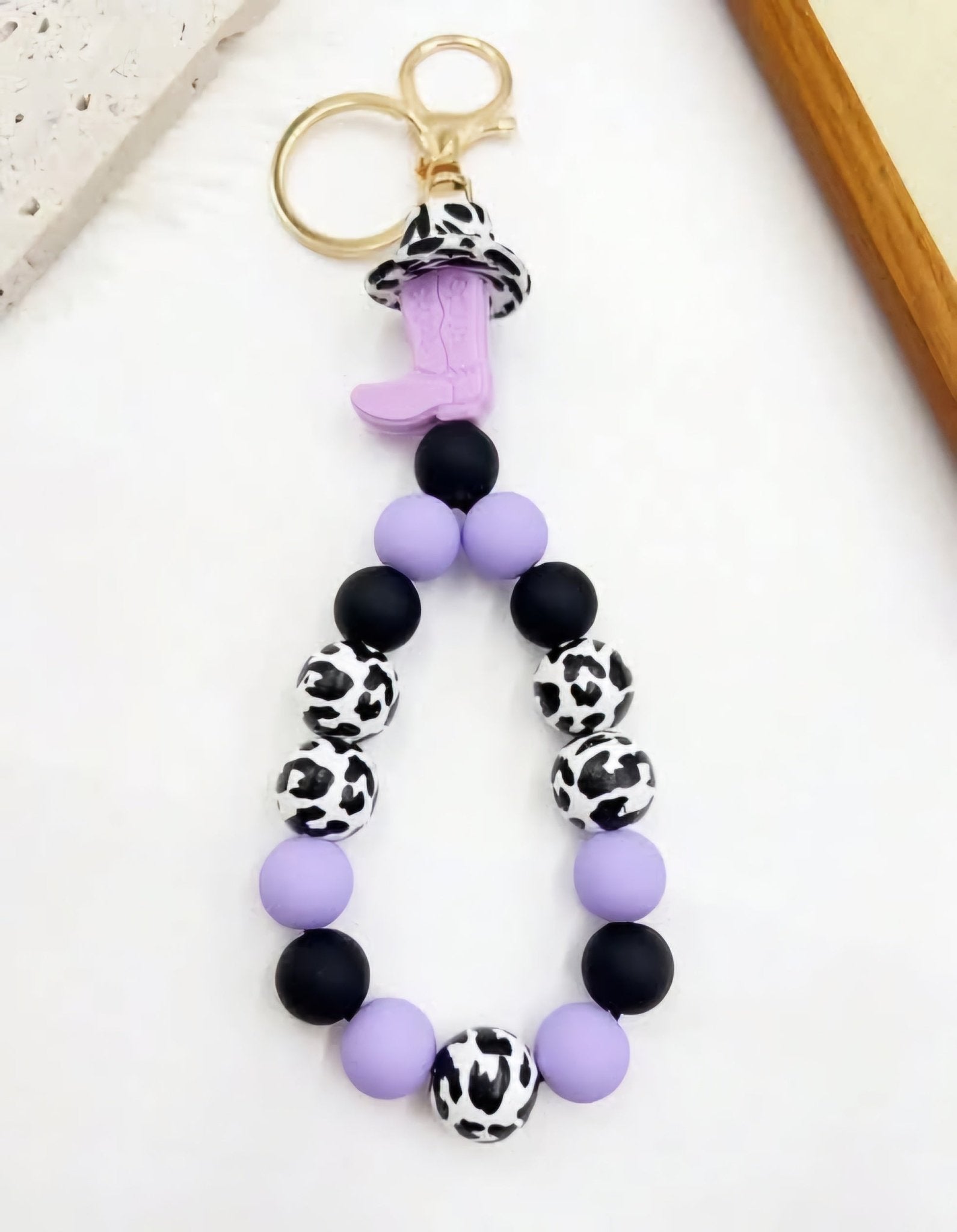 Western Cow Print Silicone Beaded Wristlet Keychain Bracelet - Shipping In Style