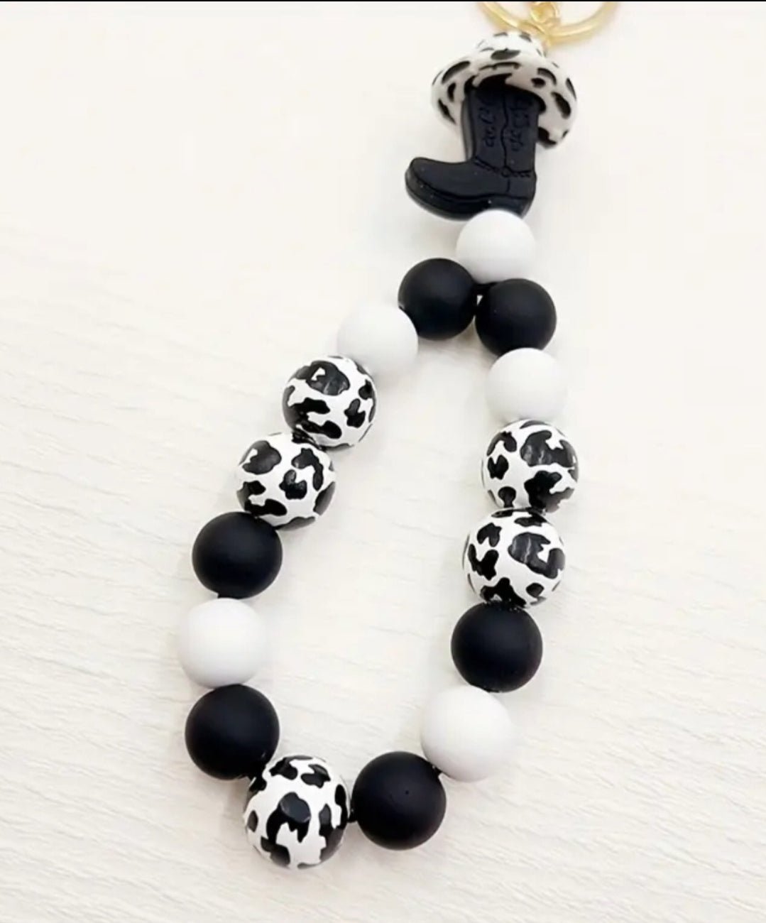 Western Cow Print Silicone Beaded Wristlet Keychain Bracelet - Shipping In Style