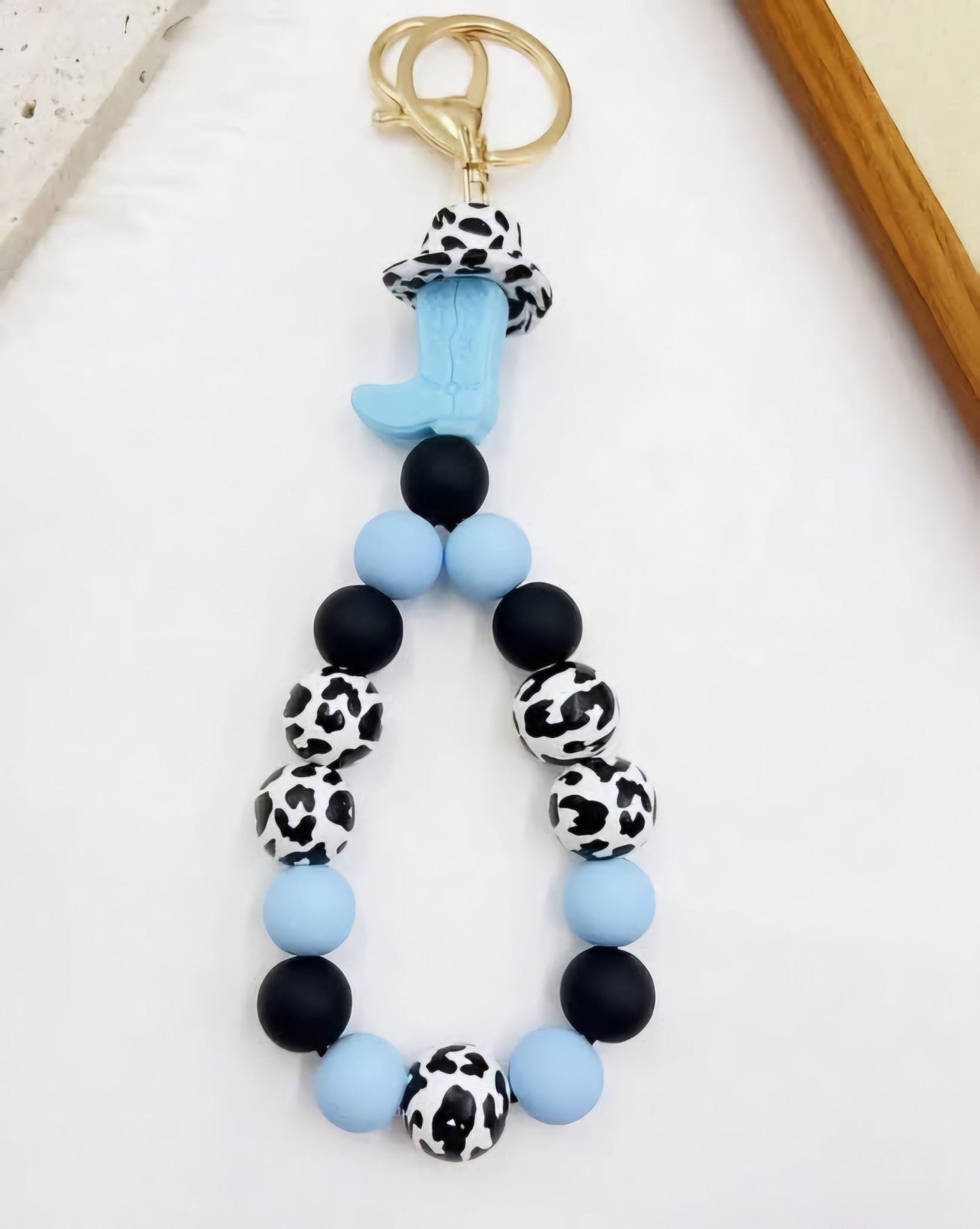 Western Cow Print Silicone Beaded Wristlet Keychain Bracelet - Shipping In Style