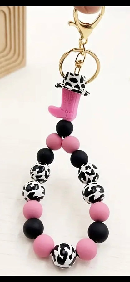 Western Cow Print Silicone Beaded Wristlet Keychain Bracelet - Shipping In Style