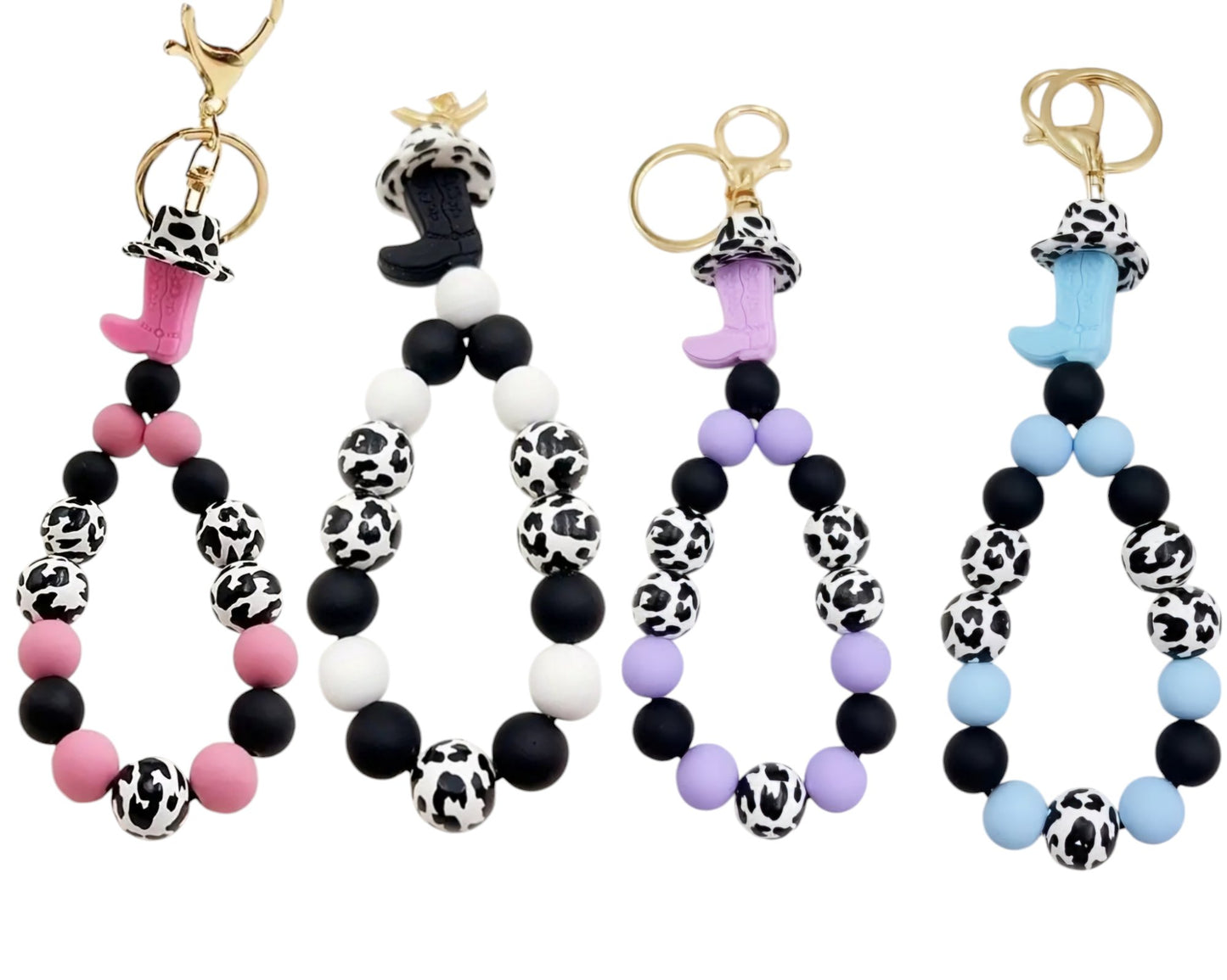 Western Cow Print Silicone Beaded Wristlet Keychain Bracelet - Shipping In Style