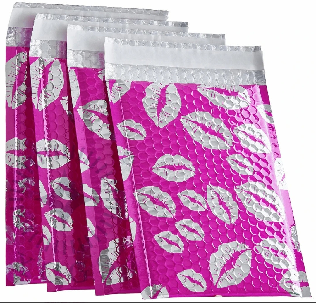 8.5x12 Pink Kiss Lips Silver Metallic Bubble Mailers - Shipping In Style